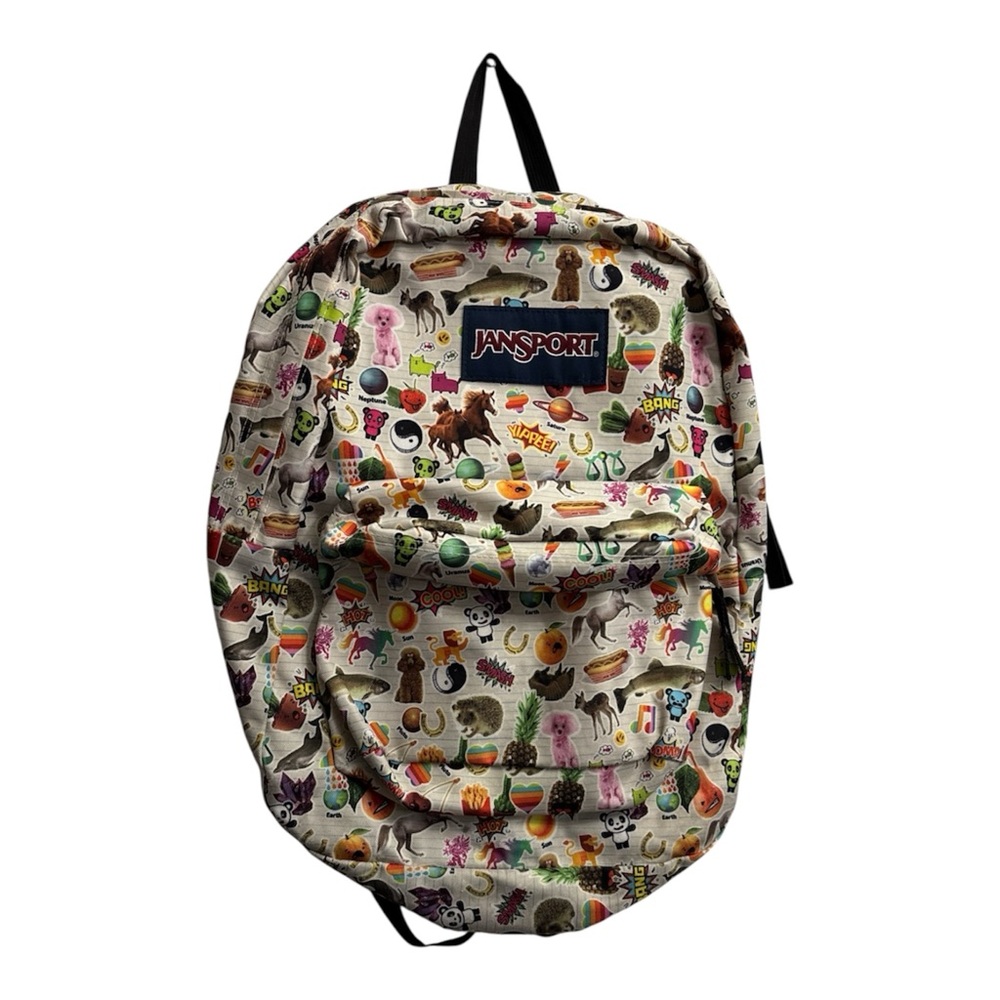 Jansport Cream Backpack with Navy Logo Patch and Multicolor Icon Print